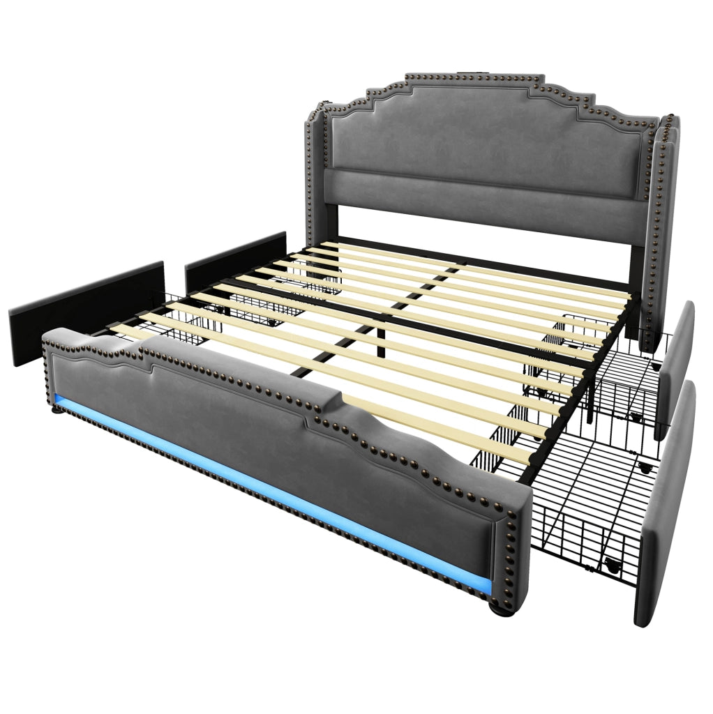 Letto matrimoniale ULEVR 160x200 cm con 4 cassetti, LED, USB e Type-C, velluto grigio