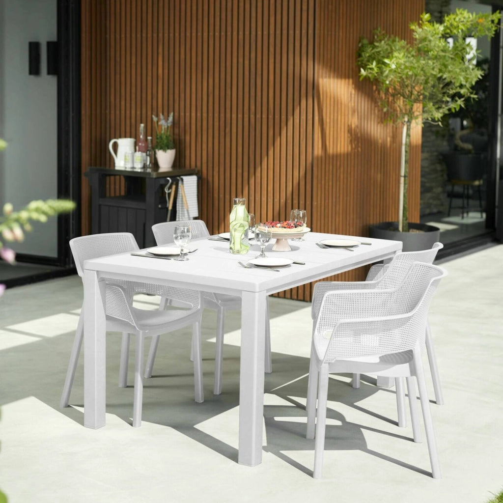 Tavolo da esterno Listowel, Base per picnic, Piano da pranzo da giardino, Banco outdoor multiuso, 147x90 h75 cm, Bianco