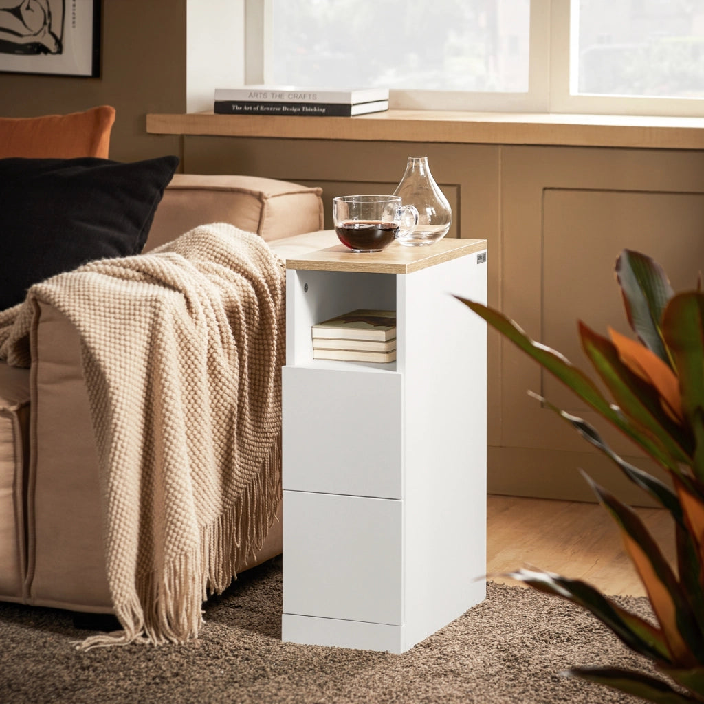 SoBuy Comodino Sottile comodino per camera da letto con 2 Cassetti e ripiano comodini per camera da letto e soggiorno Tavolino divano Bianco L20 x P35 x A60 cm FBT149-WN