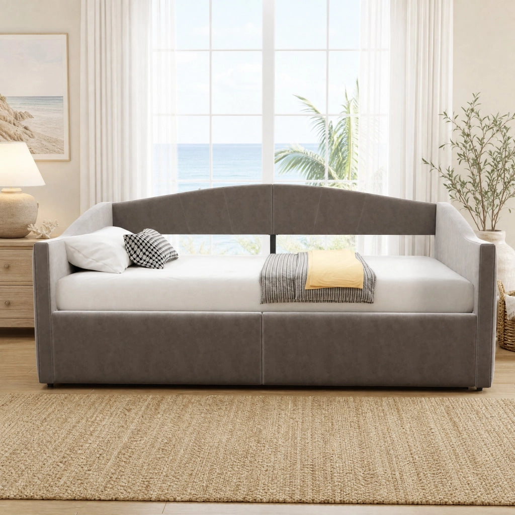 Letto imbottito singolo 90×200 cm con contenitore idraulico; rete a doghe; senza materasso; grigio