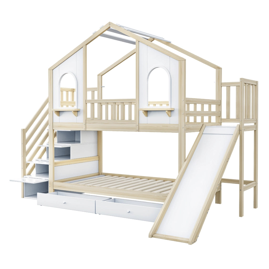 Letto a Castello 90x200 cm; 2 Posti; con Scivolo; Scala Contenitore e Mensole