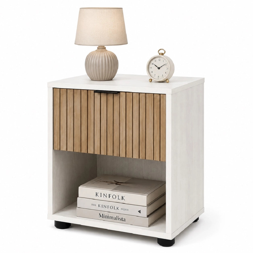 Comodino in Legno 1 Cassetto e Ripiano Design Moderno 40x30 h45 cm Bianco Rovere