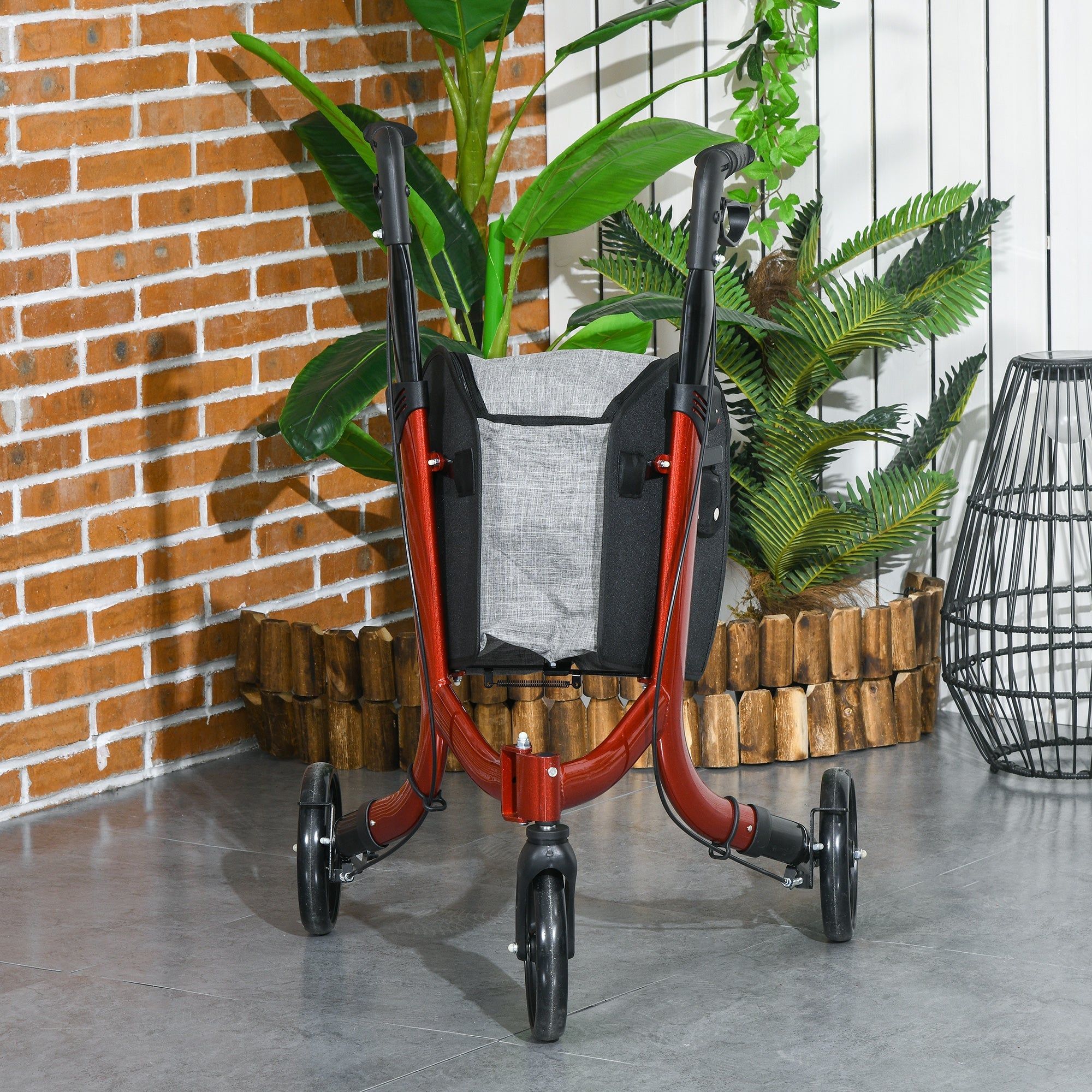 Deambulatore ad Altezza Regolabile con 3 Ruote e Tasca Portaoggetti 68x68x86,5-99 cm in Alluminio Rosso