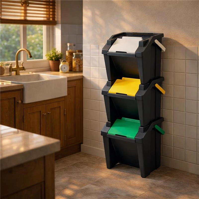 SET 3 PATTUMIERE MODULARI 30L NERE IMPILABILI 38X37X25/37 CM, TOWER RACCOLTA DIFFERENZIATA SALVASPAZIO CON APERTURA FRONTALE PER CUCINA E RIPOSTIGLIO