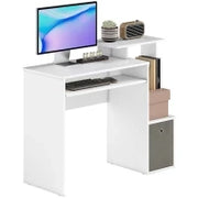 Scrivania Moderna per PC con Mensola Porta Tastiera, Ripiano e Cassetto in Tessuto, in Legno, 100x40x86.6cm, Bianco