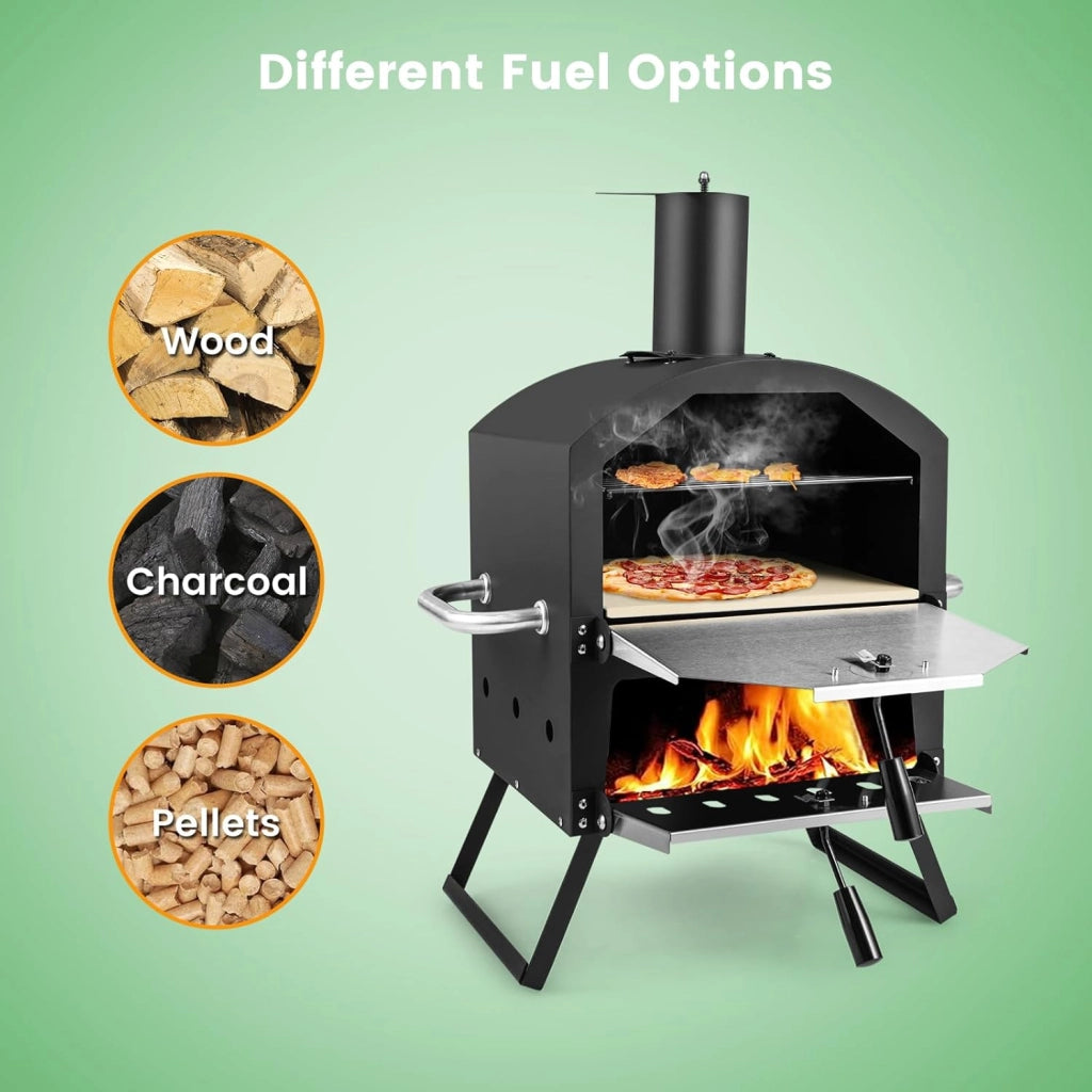 Forno per pizza aperto per esterni, 2 sezioni, 600°C, Forno in Legno portatile in Acciaio inossidabile, Mini Forno con Pizza, Spatola per Pizza, Griglia Coperchio impermeabile