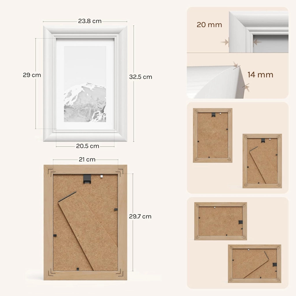 Cornice per Foto A4 21x30cm Set di 10 da Parete e Tavolo, Portafoto con Cornice in Legno Massello e Pannello in Plastica, Collage Foto, Bianco