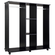 EasyComfort Armadio con 2 Guardaroba, 5 Ripiani e 6 Ruote, in Legno e Alluminio, 120x40x128 cm, Nero