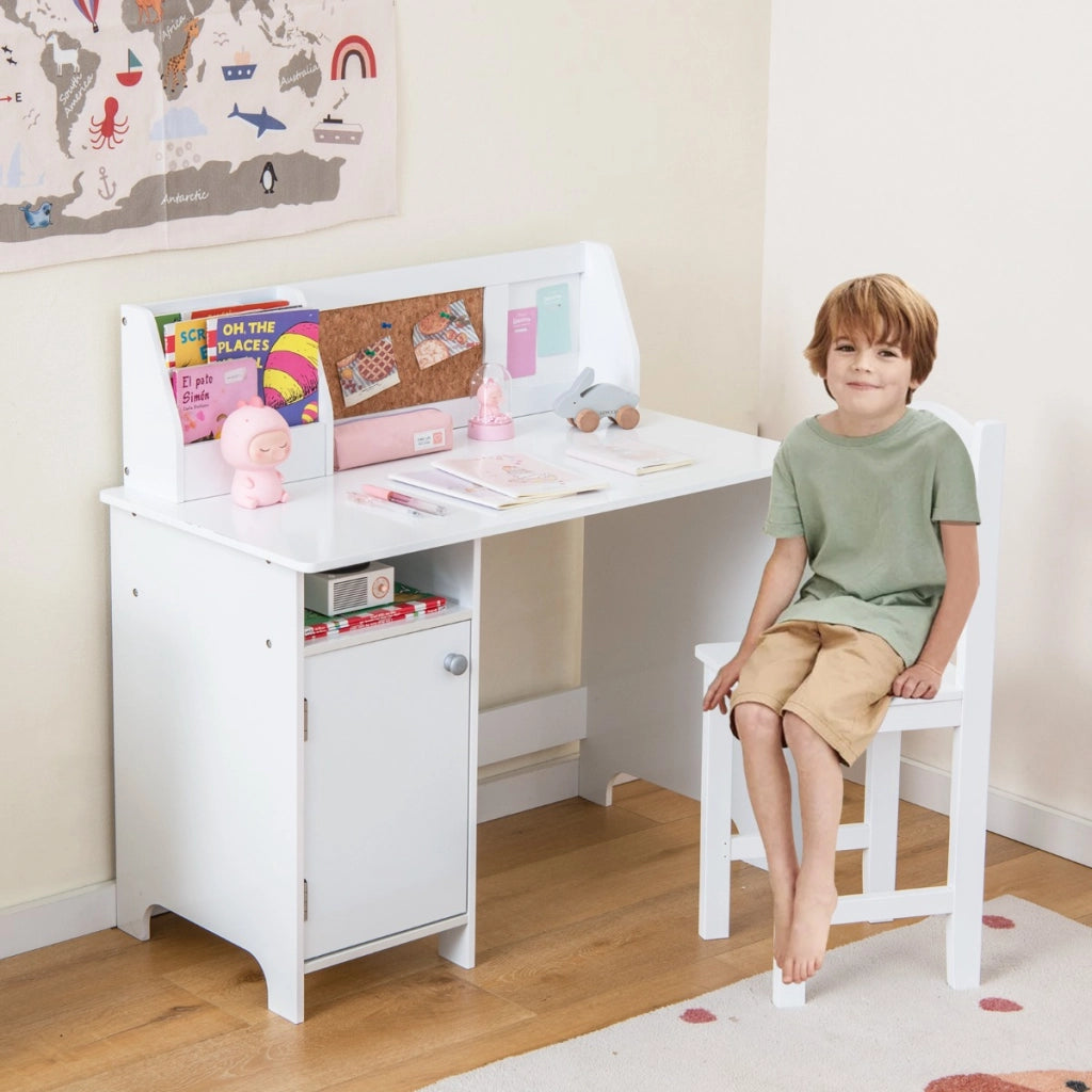 Set di scrivania e sedia per bambini in legno con scaffale armadietto bacheca, Postazione di scrittura Bianco-Tavoli e sedie