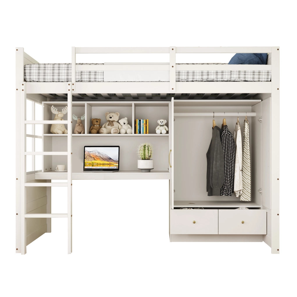 Letto a soppalco 90x200 cm in legno bianco con scala; scrivania; guardaroba e cassetti