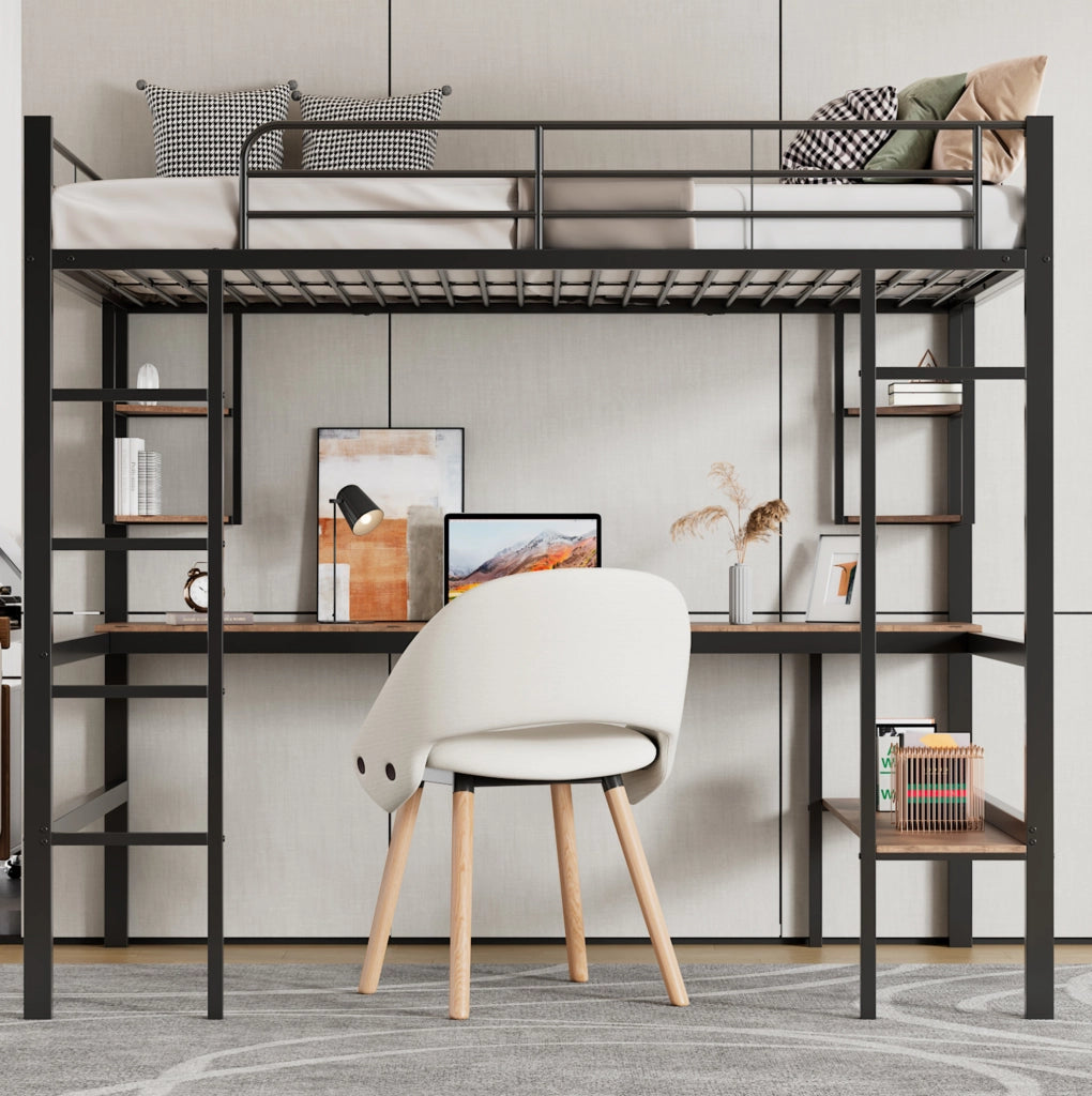 Letto a soppalco 90x200 cm con scrivania; libreria e ripiani; in metallo nero