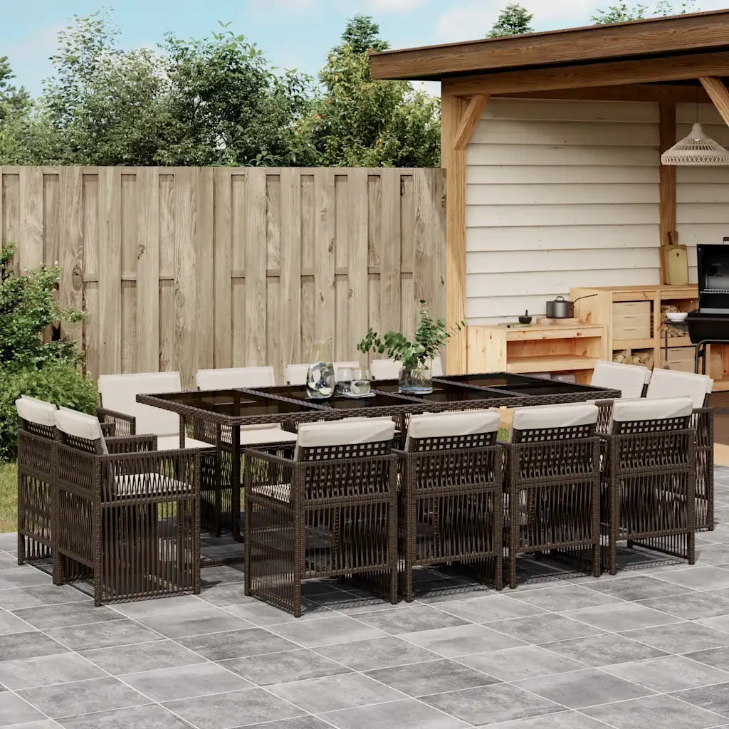 Set da Pranzo da Giardino 13pz con Cuscini Marrone Polyrattan