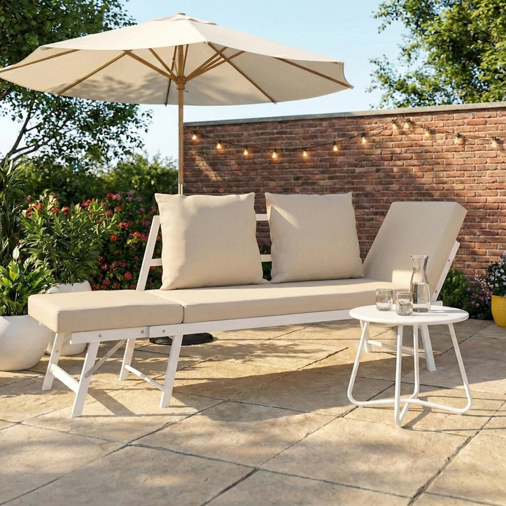 Divano da Giardino, Panca trasformabile NOLA 2/3 posti con braccioli reclinabili in Metallo Bianco e Cuscini Beige