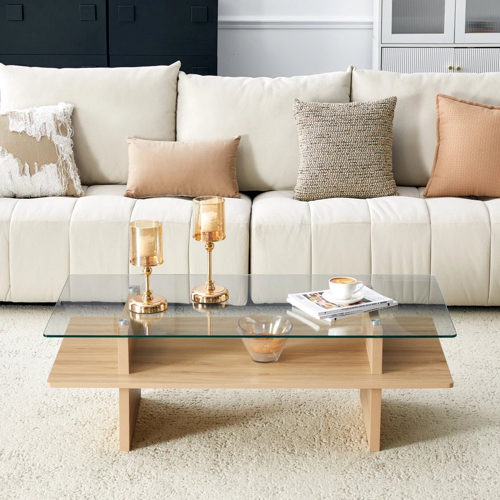 Tavolino da caff¨¨ a due strati - Zephmum - Vetro temprato e MDF - Finitura legno naturale - Cornice robusta