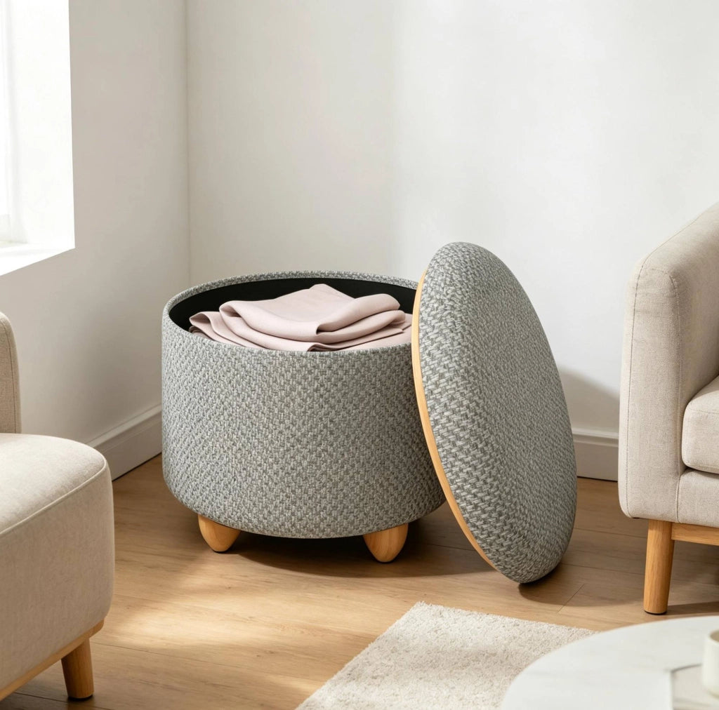 Pouf contenitore rotondo con vassoio; 39x33 cm; lino grezzo e MDF; grigio chiaro