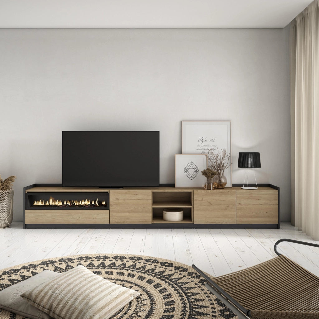 Mobile TV Soggiorno, 310x50x37 cm, Per TV fino a 80", Camino elettrico, Rovere e nero