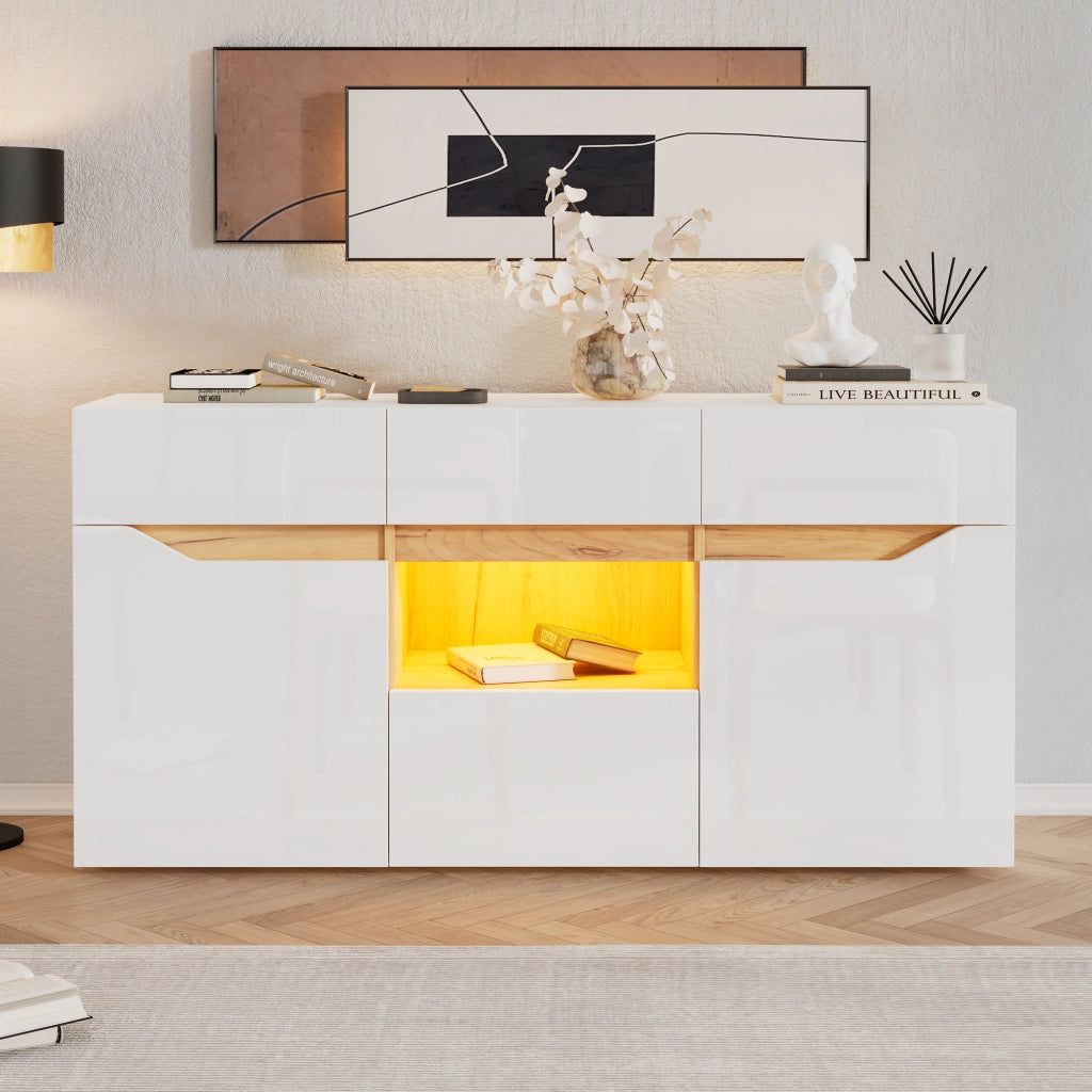 MADIA con 4 cassetti e 2 ante 140x40x70 cm Bianco e colore legno con LED