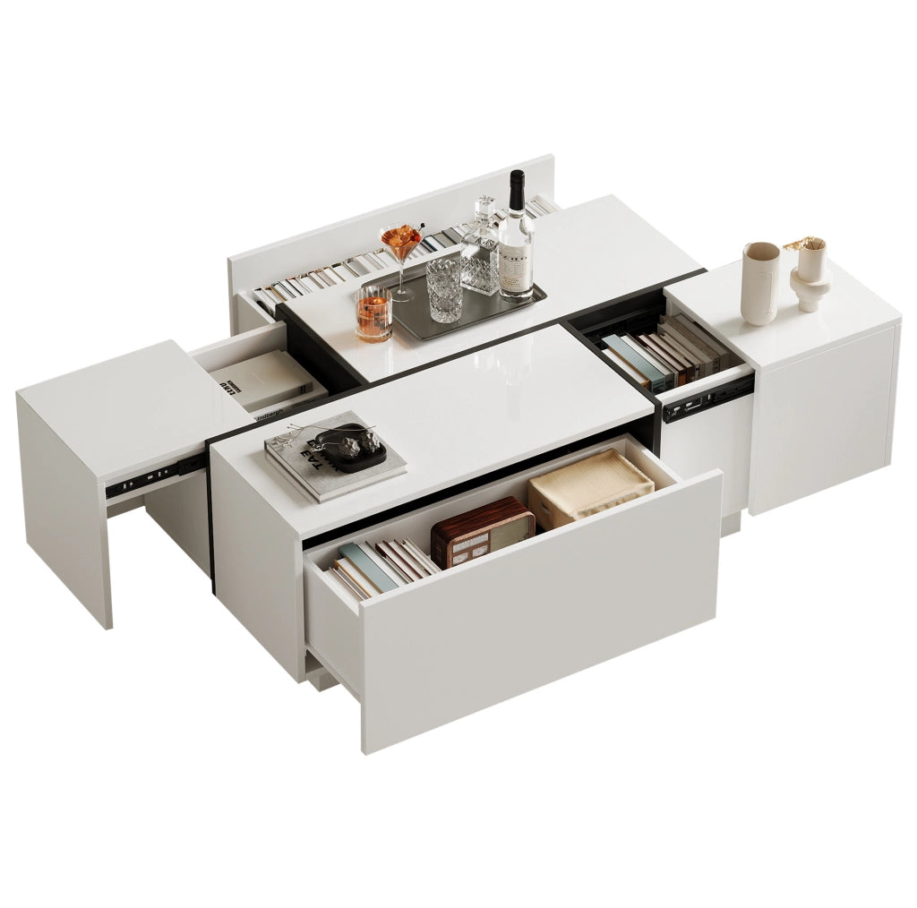 Tavolino da caffè 100x60x40 cm con 4 cassetti e piano lucido in truciolare bianco e nero
