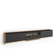 Mobile TV Soggiorno, 310x50x37 cm, Per TV fino a 80", Camino elettrico, LED, Nero e rovere