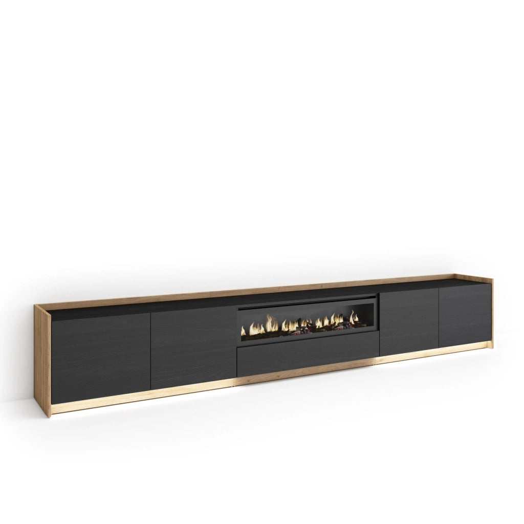 Mobile TV Soggiorno, 310x50x37 cm, Per TV fino a 80", Camino elettrico, LED, Nero e rovere