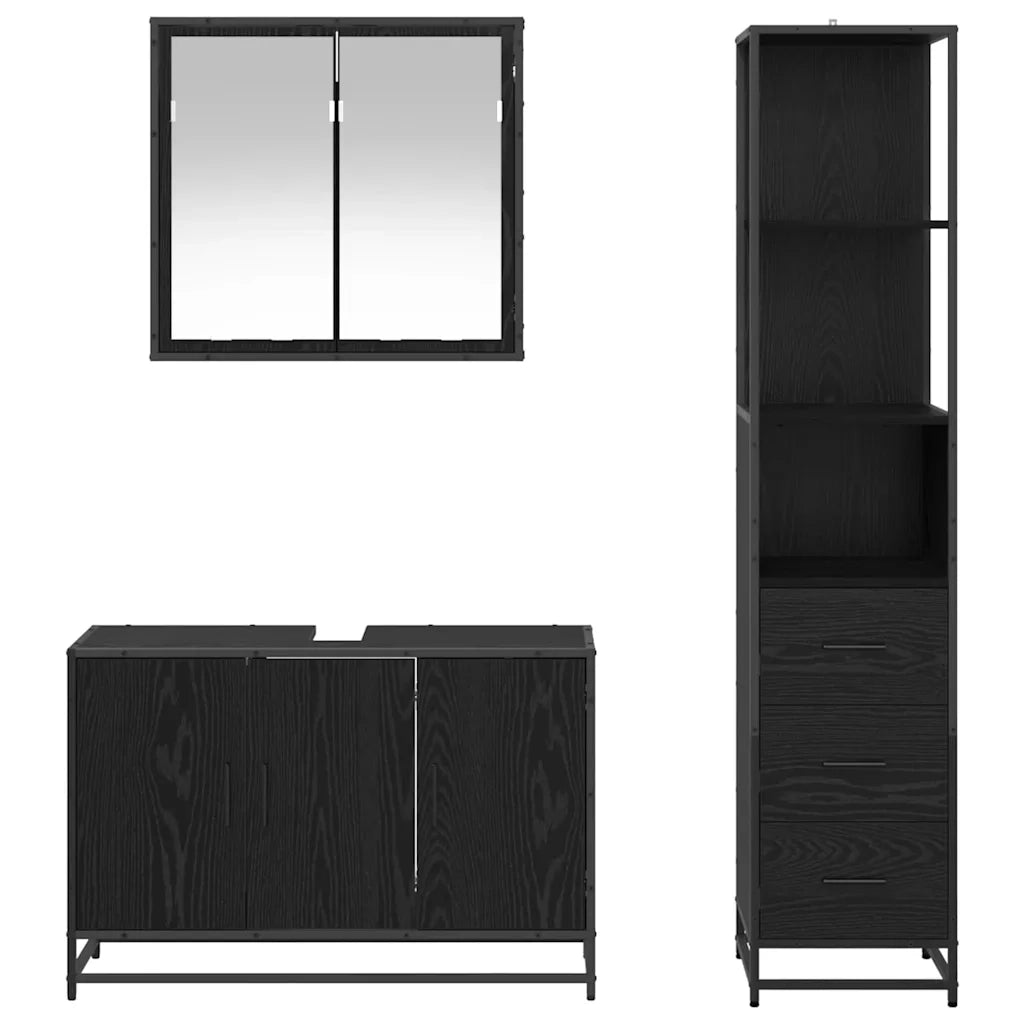 Set di mobili per il Bagno | Armadio da bagno 3 pz Rovere Nero Legno multistrato