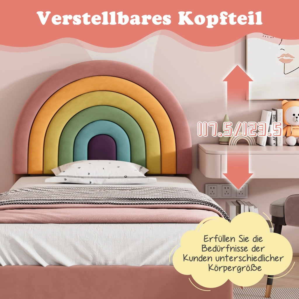 OKWISH Letto Singolo 90×200 cm, Letto per Ragazzi con Testiera Regolabile, Doghe in Legno e Testiera, senza Materasso, Velluto Rosa