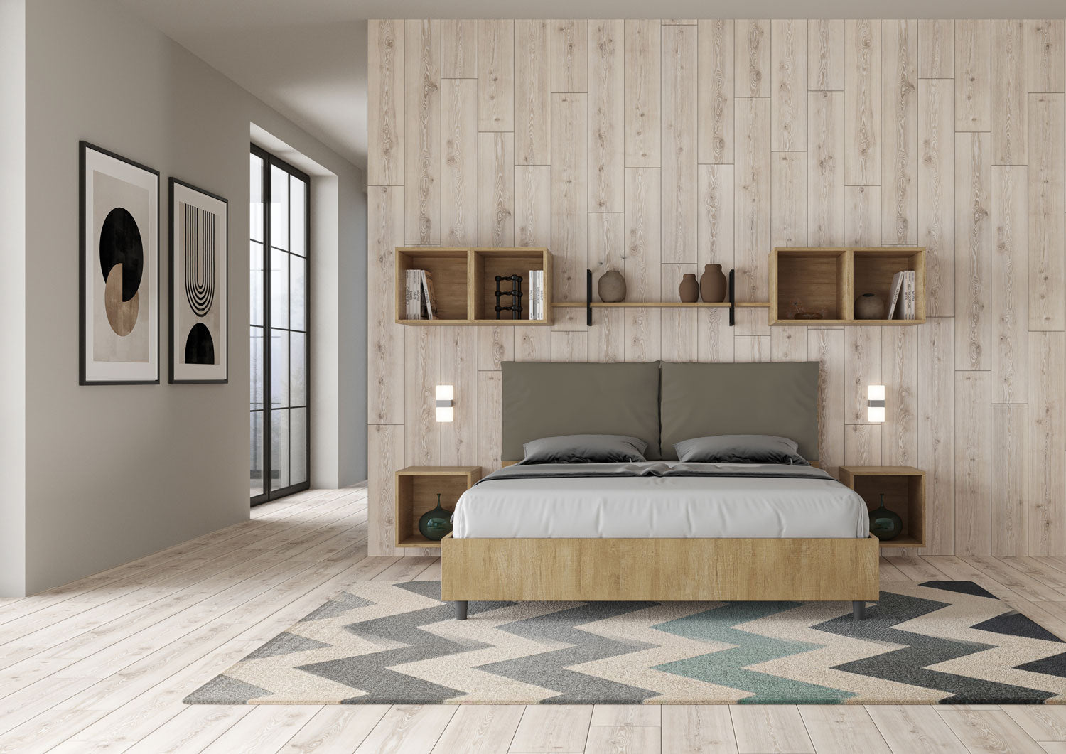 Letto Matrimoniale 160x200 cm con Rete e Contenitore Struttura Quercia con Cuscini in Similpelle Egos Antea Cappuccino