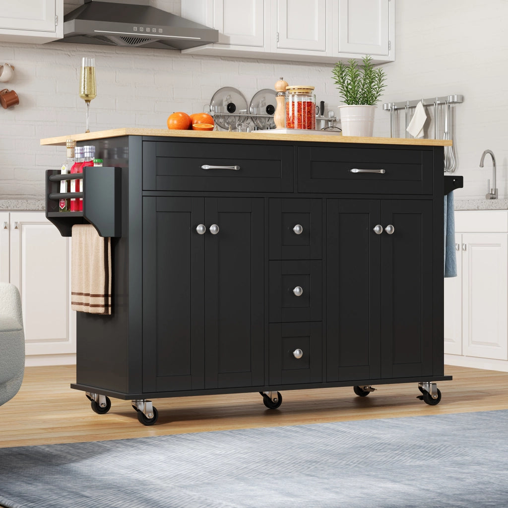 Isola da Cucina Mobile 140x40/65x89 cm Nera e Legno con Piano Ribaltabile, 5 Cassetti e 5 Ruote