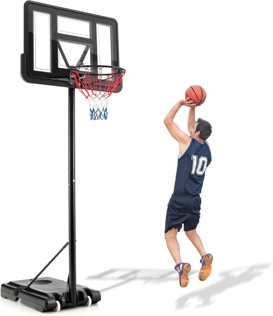 Canestro Basket per Esterno, 12 Livelli di Altezza Regolabile 130-305 cm, Supporto da Basket Portatile con Ruote, Base in PE e PVC, Pallacanestro per Interni con 2 Reti, per Bambini e Adulti