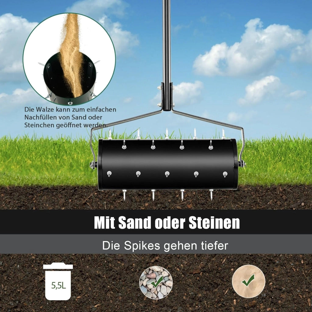 Arieggiatore per Prato a Rullo 44/53 cm, Aeratore Rullo da Giardino Manuale con Chiodi da 3,5 cm, in Metallo Antiruggine con Manico, Ideale per Prato, Orto e Terreno (44 x 130 cm, Nero)