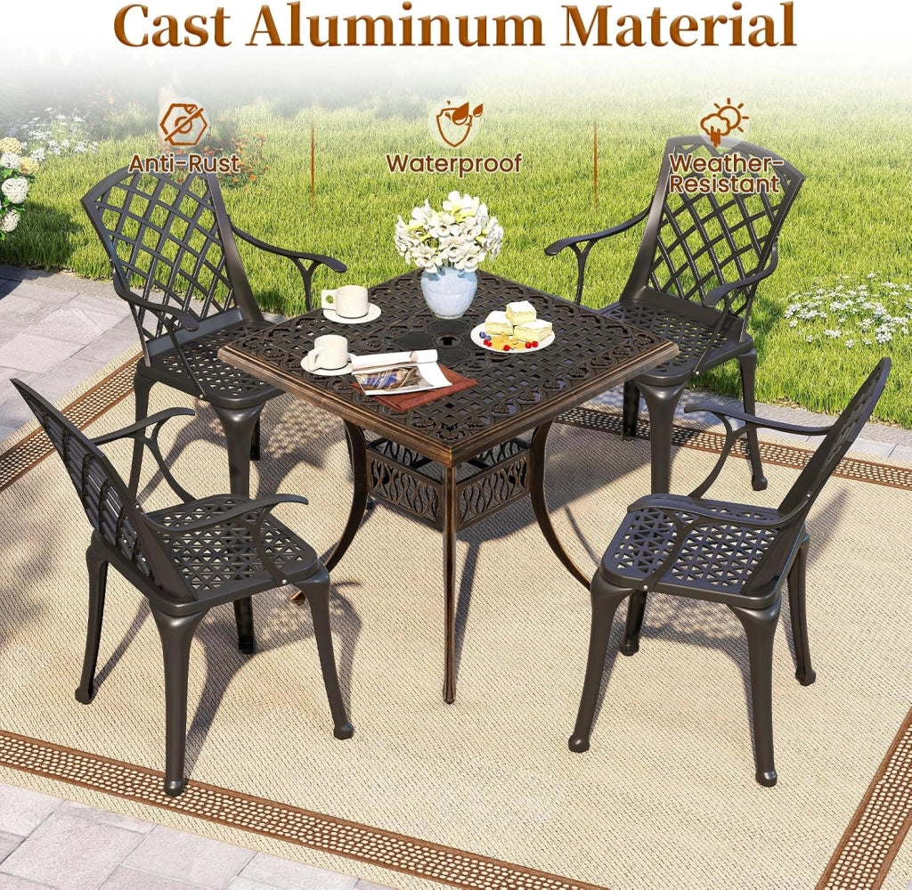 Tavolo da giardino quadrato con foro di 4,8 cm, tavolo da balcone con piedini regolabili, tavolo da bistrot in alluminio pressofuso, tavolo da pranzo per balcone, terrazza, giardino, 80 x 80
