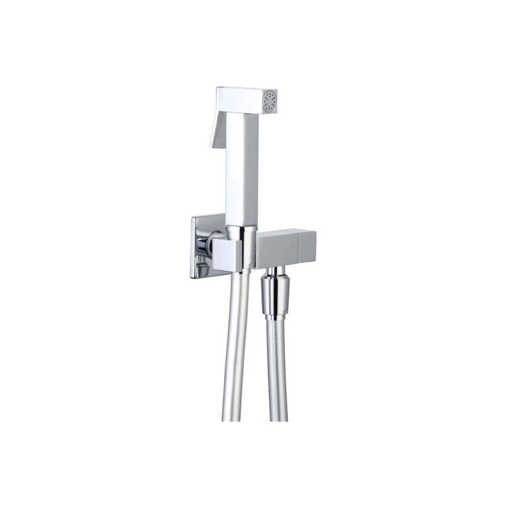 Set idroscopino squadrato in ottone cromato con rubinetto di arresto e flessibile 90 cm