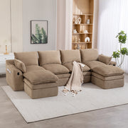 Divano modulare 4 posti in corduroy khaki con tasche laterali e cuscini; 335 x 167 x 85 cm