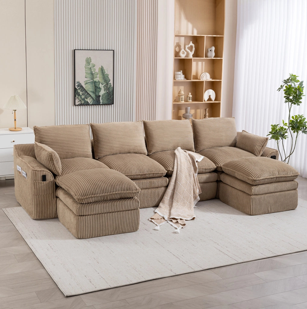 Divano modulare 4 posti in corduroy khaki con tasche laterali e cuscini; 335 x 167 x 85 cm