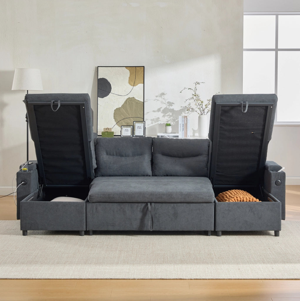 Divano 4 posti con doppia chaise longue; contenitori; portabicchieri e USB Type-C 272x136x86 cm; grigio scuro
