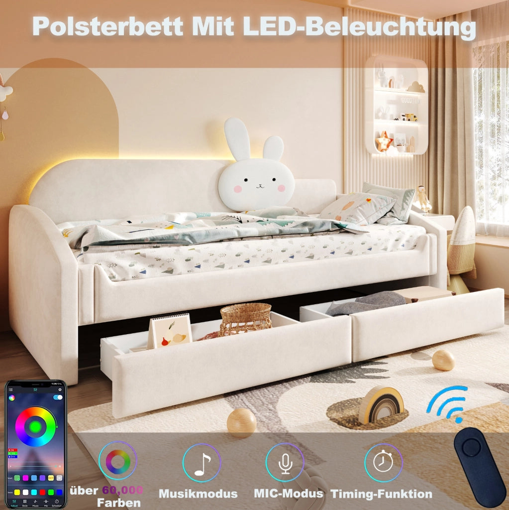 Letto per bambini 90x200 cm con 2 cassetti e LED; rivestito in velluto beige