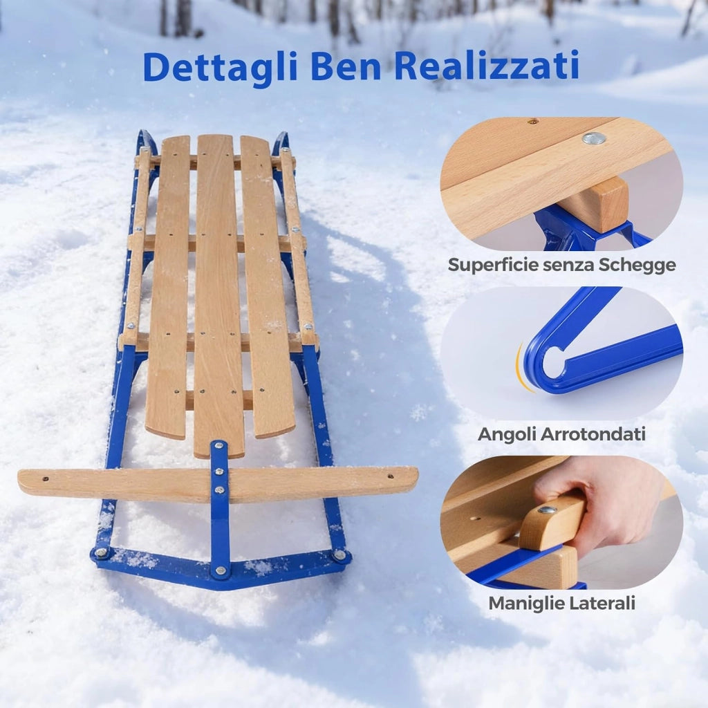 Slittino da Neve, Slittino per Bambini e Adulti con Barra di Direzione, Fori Preforati e Maniglie, Slitta da Neve in Legno e Metallo Vernicato, Carico Massimo 150 kg