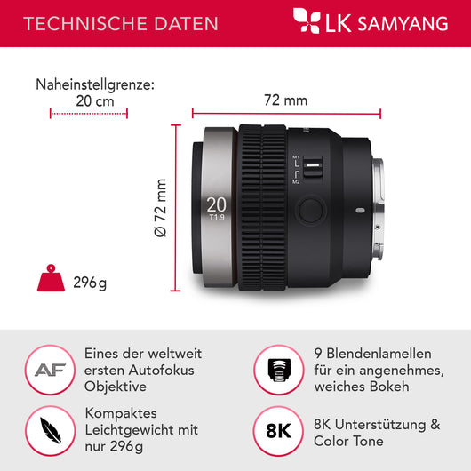 Obiettivo video V-AF 20 mm T1,9 FE compatibile con Sony E, per videocamera, con autofocus risoluzione 8K e lampada Tally, alta intensità luminosa per full-frame e APS-C