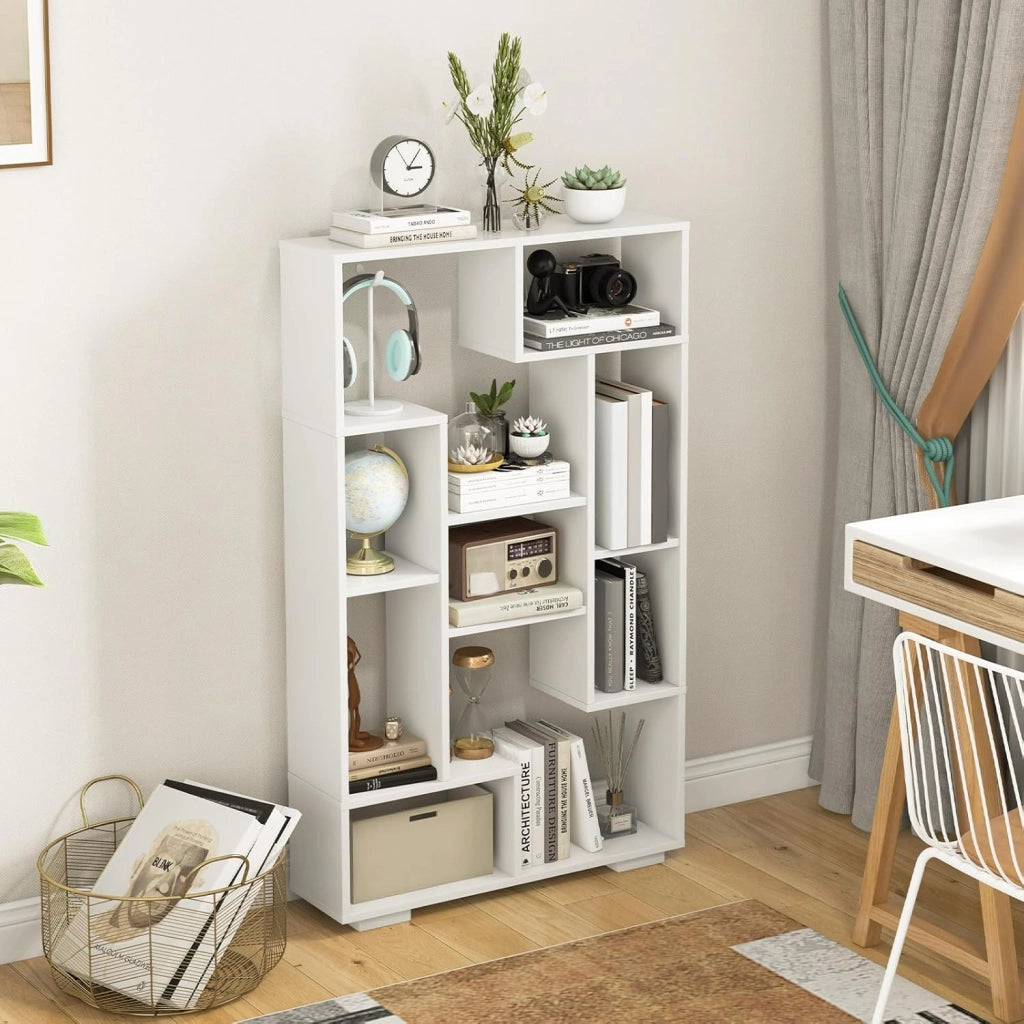 Libreria Geometrica 120 cm, Scaffale per Libri con Ripiani Aperti, Scaffale da Esposizione Moderno con Kit Anti-ribaltamento, Ideale per Casa Ufficio o Soggiorno (Bianco)