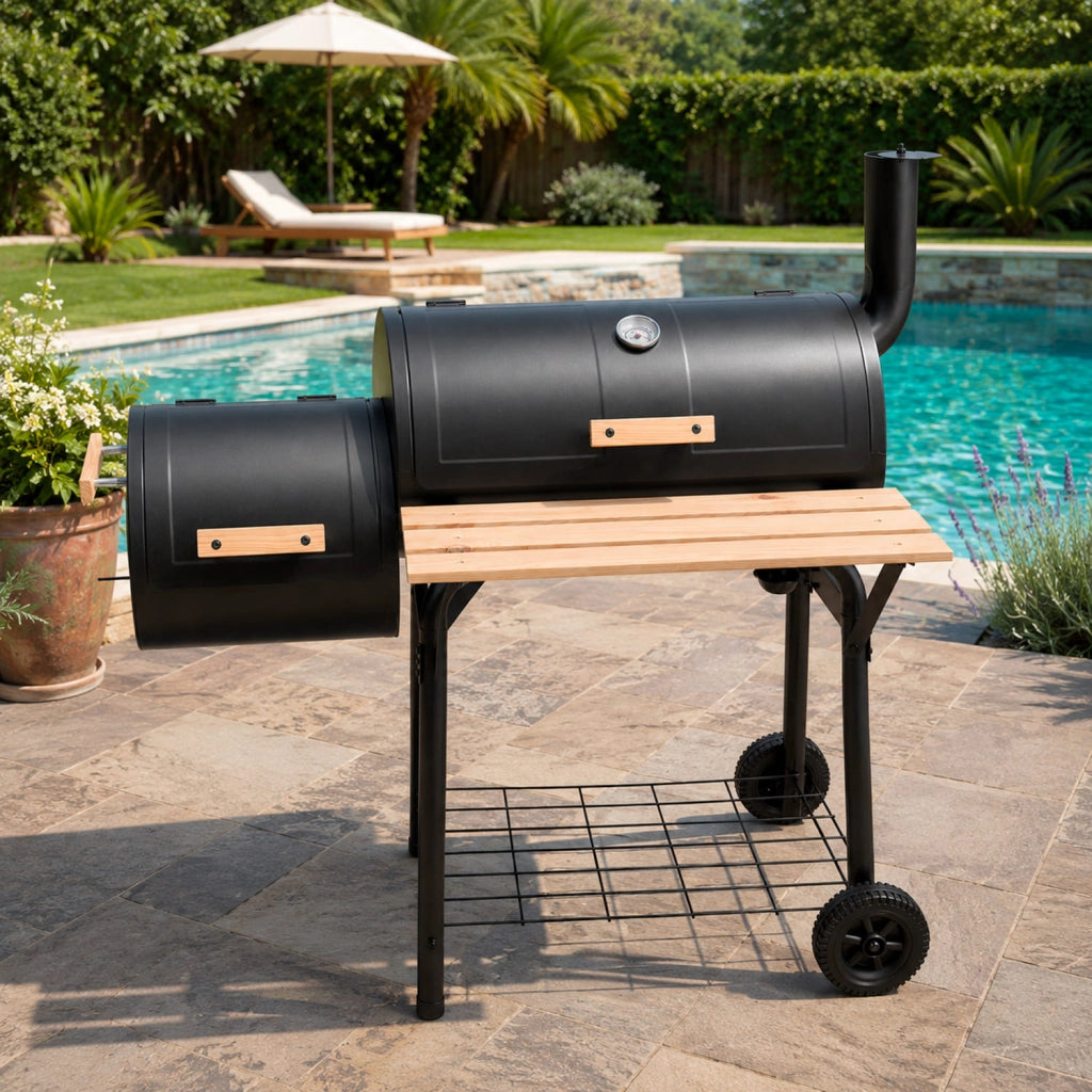 Barbecue A Carbone Con Camera Affumicatura Laterale BBQ Con Termometro Integrato Griglie Cromate Ripiano E Maniglie Legno Ruote Per Giardino E Terrazzo 109.5 x 59 x 116 Cm Nero
