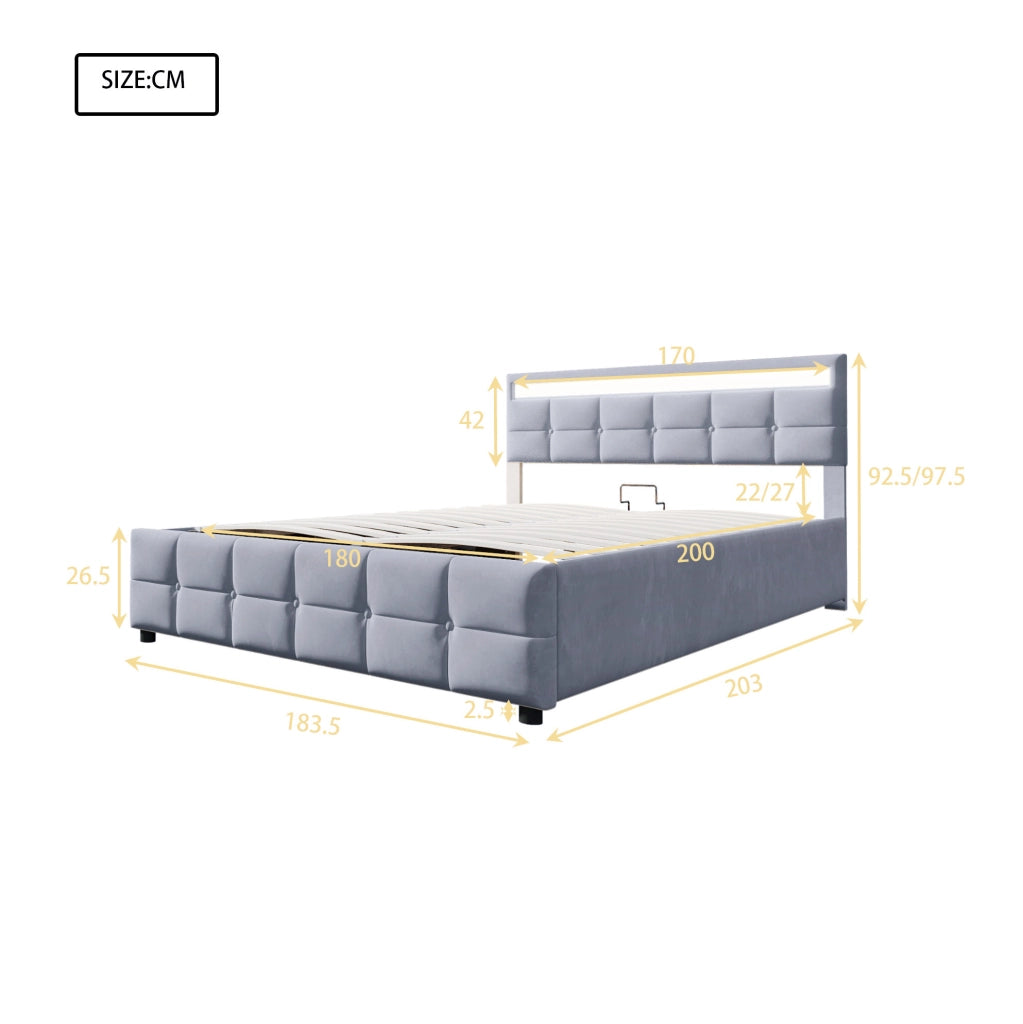 Letto matrimoniale imbottito 180x200 cm con LED; contenitore idraulico; velluto olandese grigio