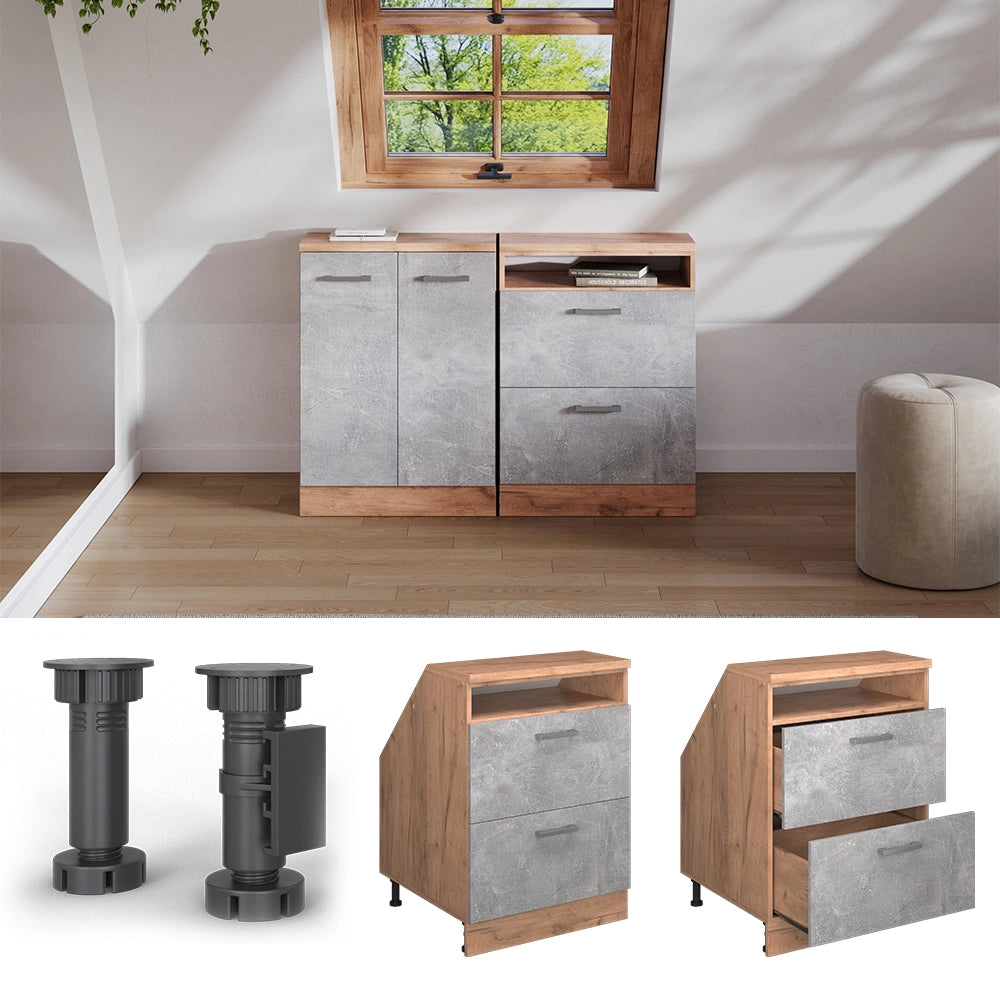 Mobile sottotetto Rion Calcestruzzo/Rovere dorato 60 x 83.8 cm con 2 cassetti, carcassa 60 cm profondità Vicco