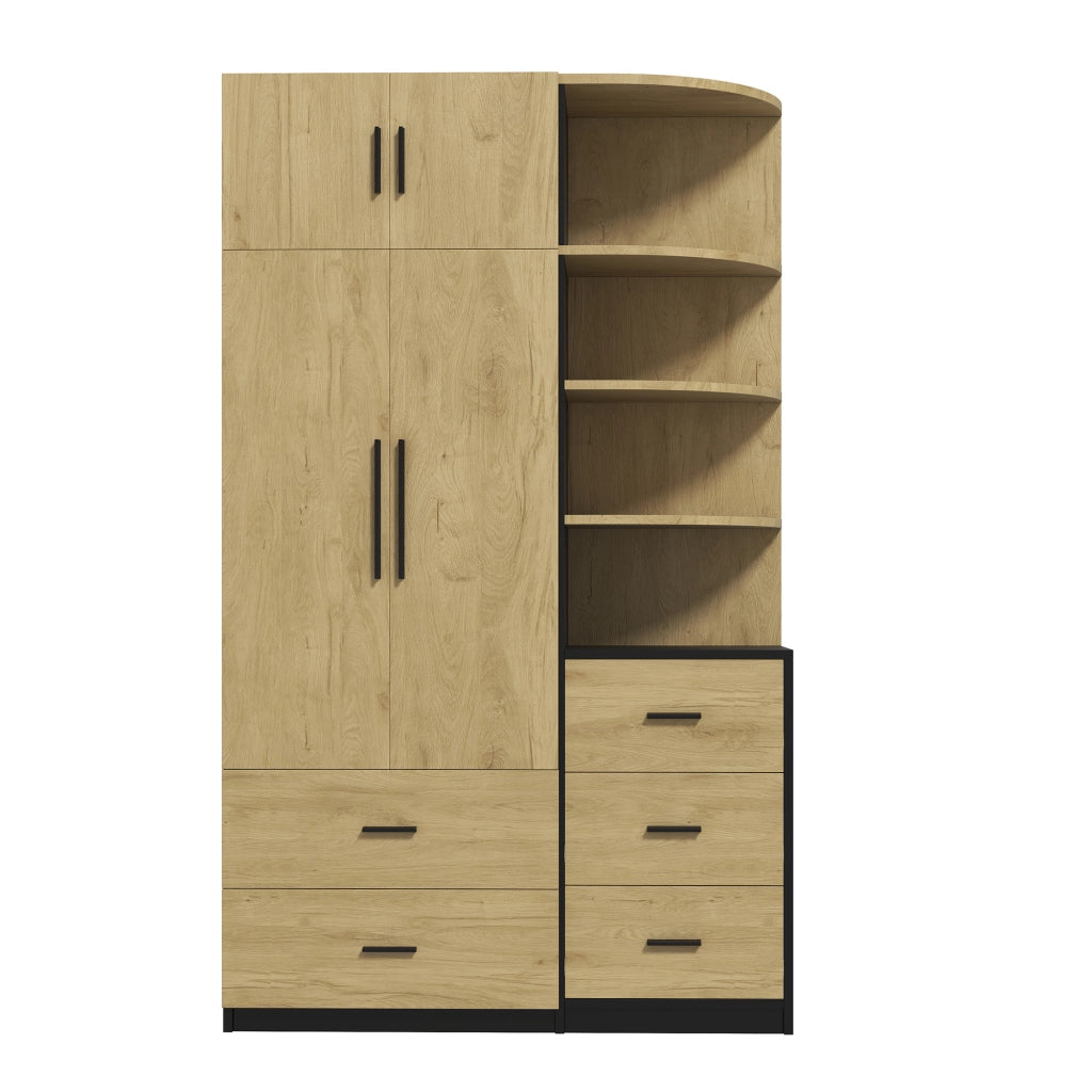 Armadio con 5 cassetti; 2 ante e barra appendiabiti; con vani aperti; per camera da letto; naturale e nero; 110 × 40 × 186 cm