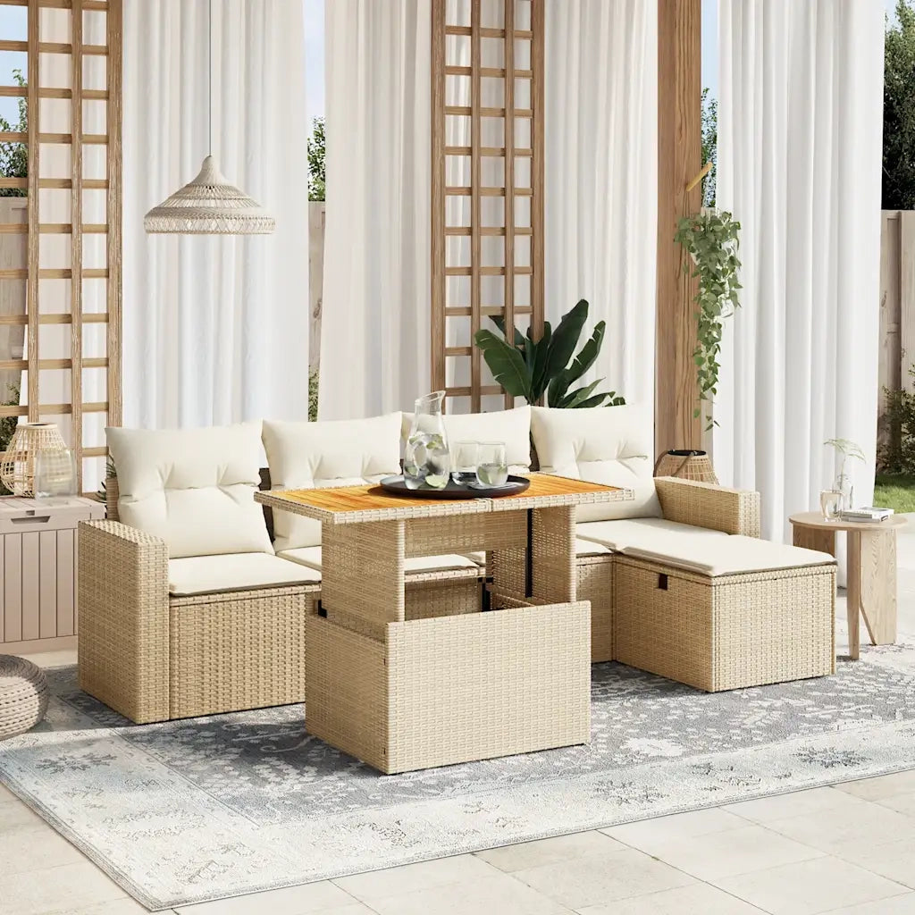 Set Divano da Giardino 6 pz con Cuscini Beige in Polyrattan