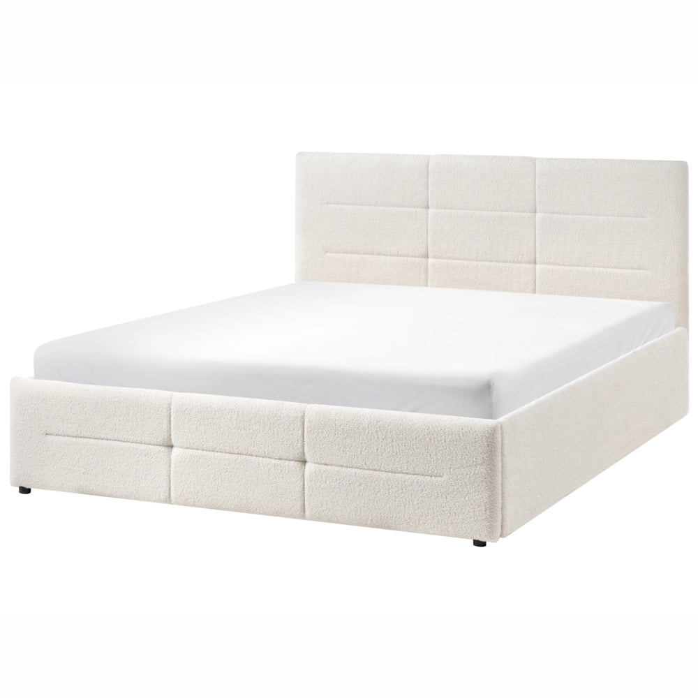 Letto ottomano bianco sporco bouclé 140x200 cm con testiera sollevabile e base a doghe Design moderno