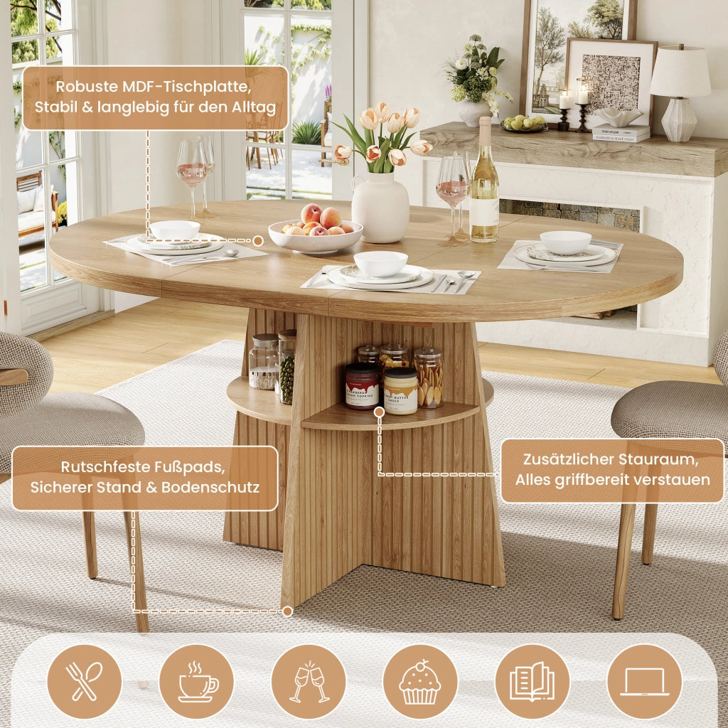Tavolo da pranzo rotondo allungabile con piano estensibile e ripiano interno per cucina e sala da pranzo in MDF naturale