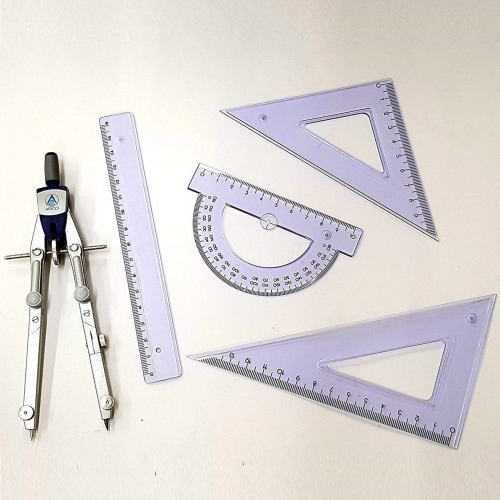 Trade Shop - Set Compasso + Strumenti Disegno F4006 Squadrette Righello Goniometro Scuola -