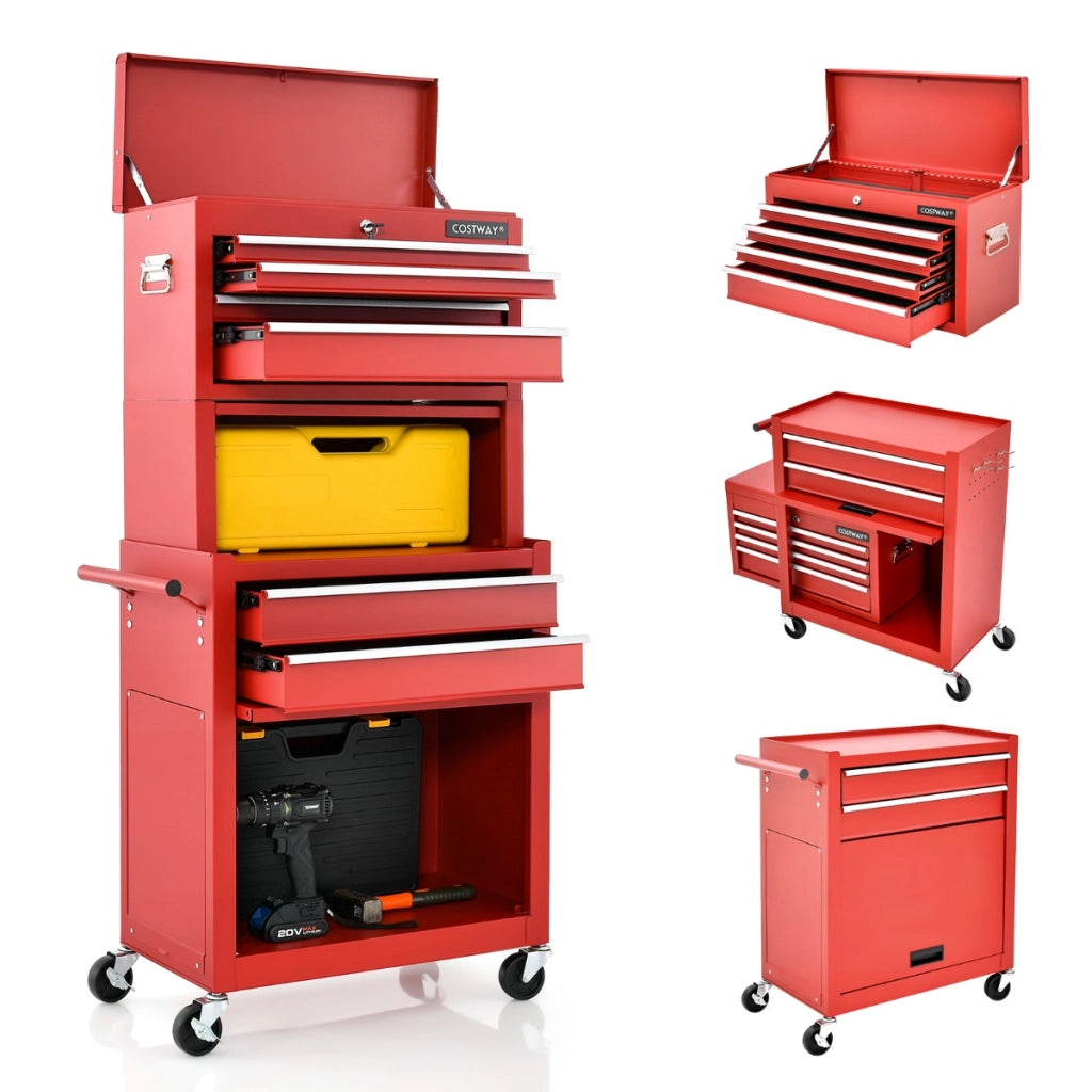 Armadio per attrezzi con serratura manico 6 cassetti portata 90kg, Carrello porta attrezzi per garage Rosso-Deposito utensili Tool