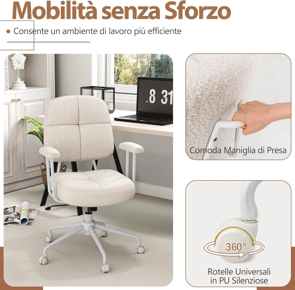 Sedia da Ufficio, con Schienale e Braccioli, Sedia Girevole Regolabile con Funzione a Dondolo e Ruote per Camera da Letto, Studio, Portata 150 kg (Bianco)