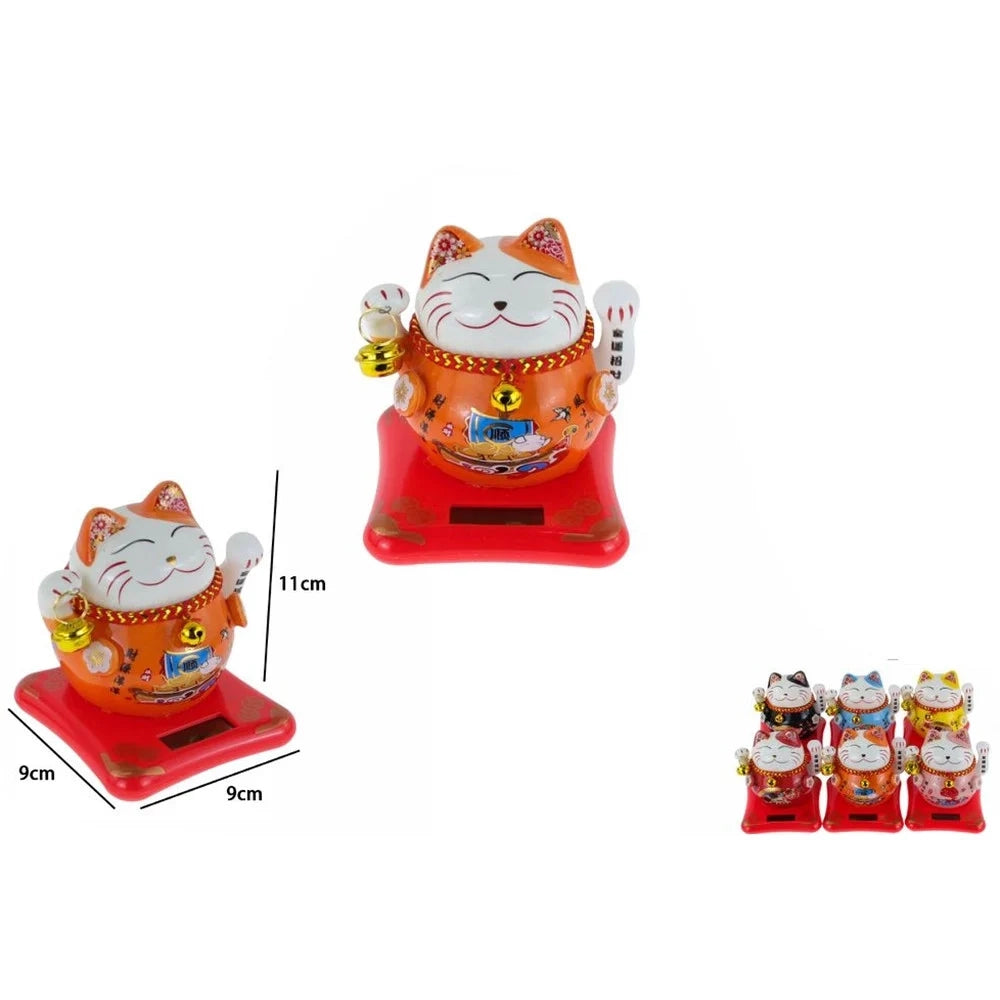 Trade Shop - Gatto Portafortuna Maneki Neko Solare Decoro Con Motivi Tradizionali 9x9x11cm 73779 -